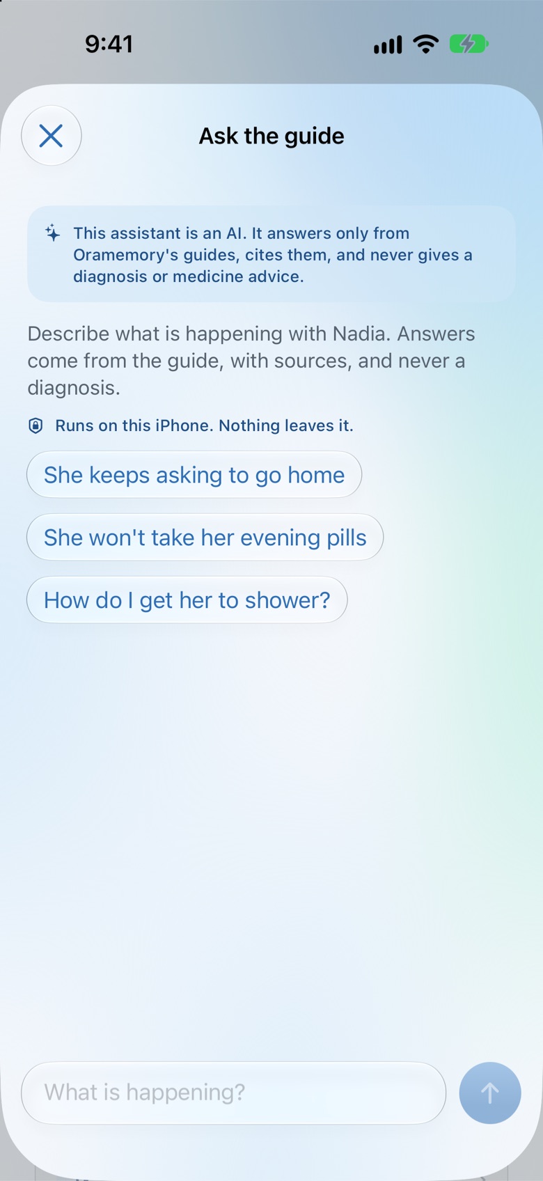 Ask the guide: an assistant on the iPhone that answers only from Oramemory's guides