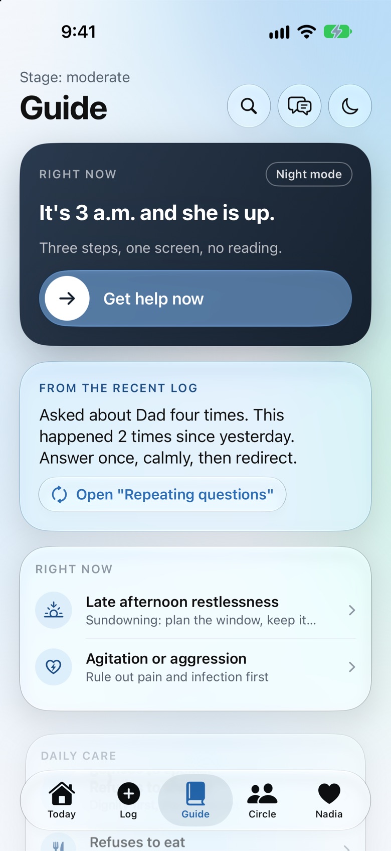 Oramemory Guide screen: It's 3 a.m. and she is up, and a note from the recent log