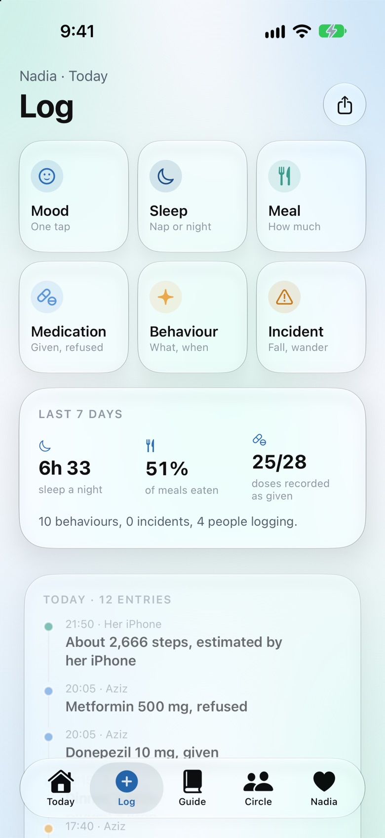 Oramemory Log screen: one tap for mood, sleep, meal, medication, behaviour or incident, and the last 7 days