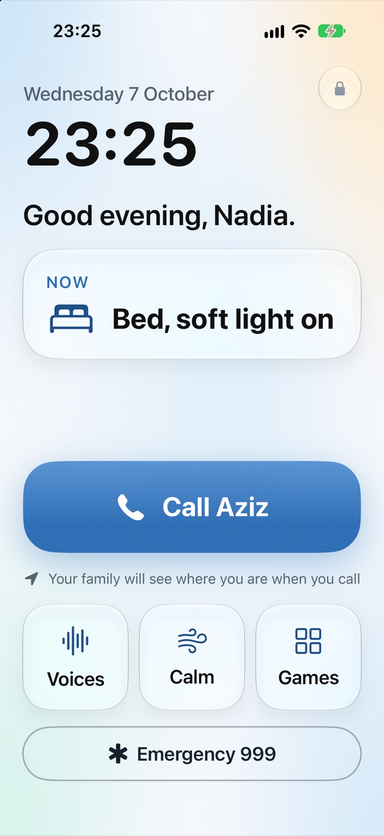 Nadia's own phone screen: the time, what is happening now, a large button to call Aziz, voices, calm and games