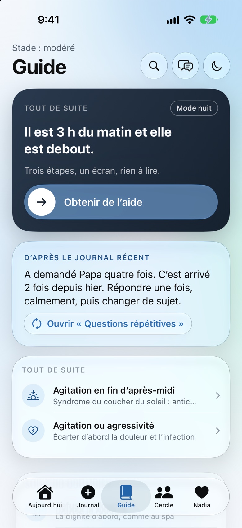 Écran Guide d'Oramemory : il est 3 h du matin et elle est debout, et une note tirée du journal récent
