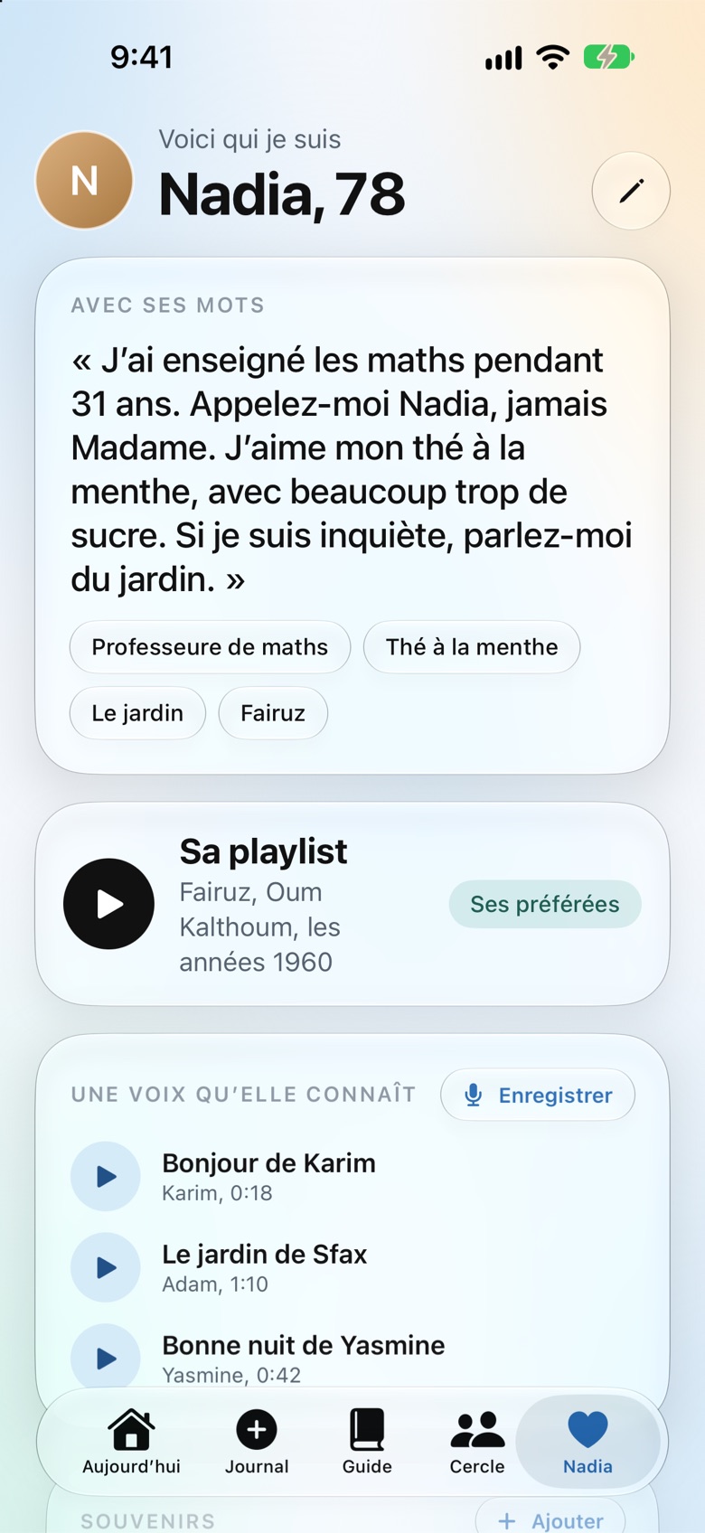 Écran Voici qui je suis d'Oramemory : Nadia, 78 ans, avec ses propres mots, sa playlist et les voix qu'elle connaît