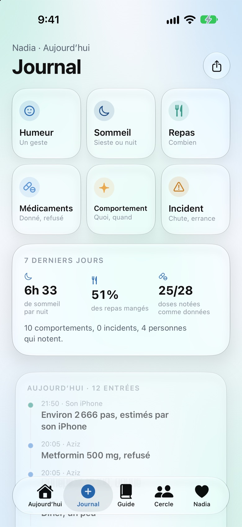 Écran Journal d'Oramemory : un geste pour l'humeur, le sommeil, un repas, un médicament, un comportement ou un incident, et les 7 derniers jours