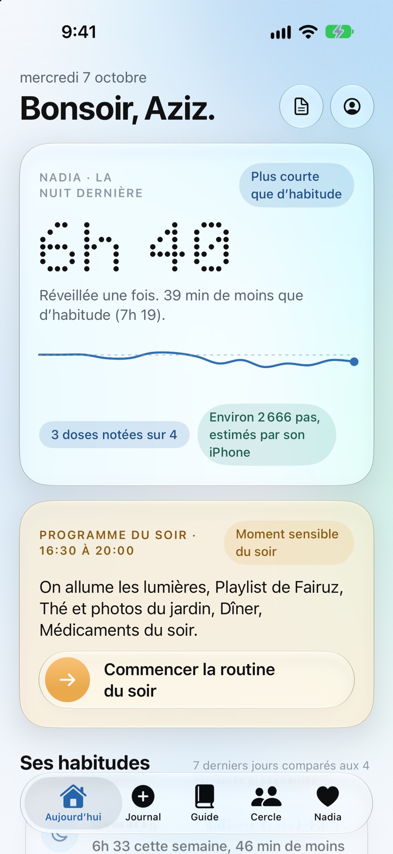 Écran Aujourd'hui d'Oramemory : Nadia a dormi 6 h 40, moins que d'habitude, et le programme du soir